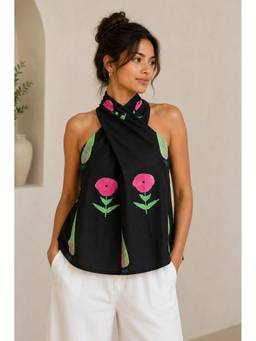 Label Tanvee - Black Floral Printed Twist Halter Cotton Top