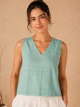 Label Tanvee - Aqua Schiffli Cotton Top
