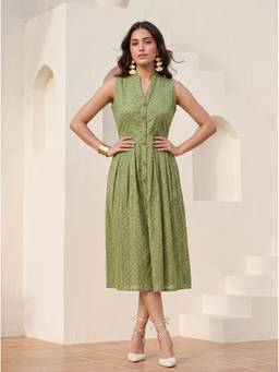 Mamicha - Women'S Modal Geometric Shirt Green Midi Dress