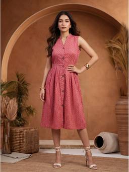 Mamicha - Women'S Modal Geometric Shirt Coral Midi Dress
