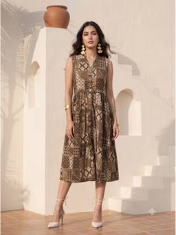Mamicha - Women'S Modal Printed Shirt Brown Midi Dress