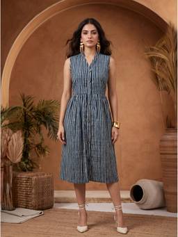 Mamicha - Women'S Modal Stripes Shirt Blue Midi Dress