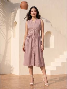 Mamicha - Women'S Modal Stripes Shirt Mauve Midi Dress