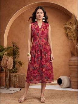 Mamicha - Women'S Modal Floral Shirt Maroon Midi Dress