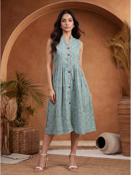 Mamicha - Women'S Modal Geometric Shirt Blue Midi Dress