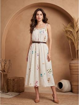 Mamicha - Women'S Cotton Polka Dots Flared Off White Maxi Dress
