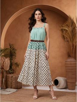 Mamicha - Women'S Cotton Polka Dots Flared Turquoise Maxi Dress