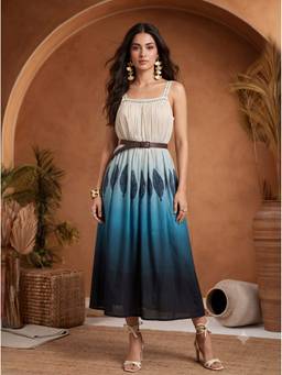 Mamicha - Women'S Cotton Ombre Flared Blue Maxi Dress