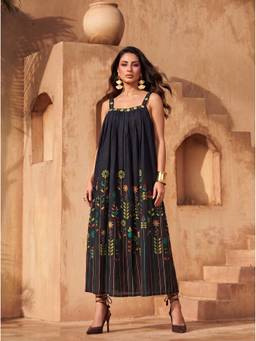 Mamicha - Women'S Cotton Floral Flared Navy Blue Maxi Dress