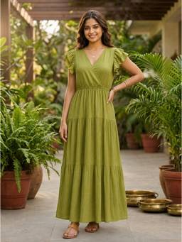 SAKA DESIGNS - Women'S Rayon Blend Solid A-Line Green Maxi Dress