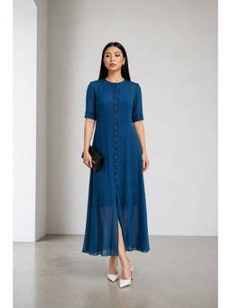 Virgio - Women'S Viscose Solid A-Line Blue Maxi Dress