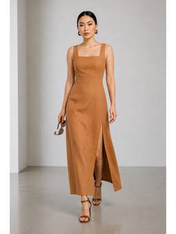 Virgio - Women'S Cotton Solid A-Line Beige Maxi Dress