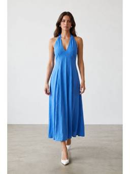 Virgio - Women Cotton Solid Flared Blue Maxi Dress