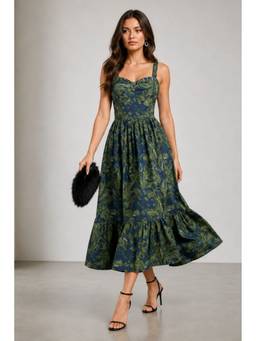 Virgio - Women'S Cotton Printed Flared Green Maxi Dress