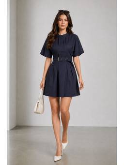 Virgio - Women'S Cotton Solid A-Line Navy Blue Mini Dress with Belt