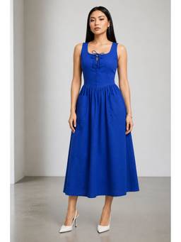 Virgio - Women'S Solid A-Line Blue Midi Dress