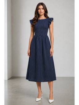 Virgio - Women'S Cotton Printed A-Line Navy Blue Midi Dress