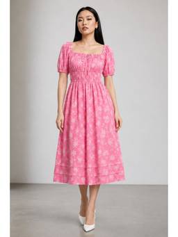 Virgio - Women'S Cotton Printed A-Line Pink Midi Dress
