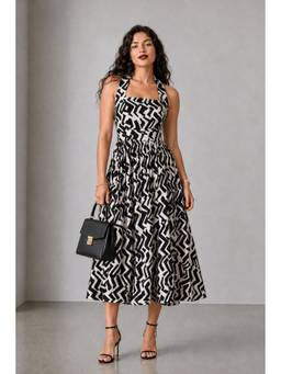 Virgio - Women'S Cotton Printed Flared Black Midi Dress