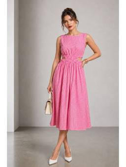 Virgio - Women'S Cotton Checks A-Line Pink Midi Dress