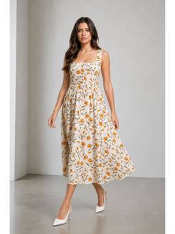 Virgio - Women'S Viscose Floral A-Line White Midi Dress