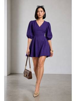 Virgio - Women'S Cotton Solid A-Line Purple Mini Dress