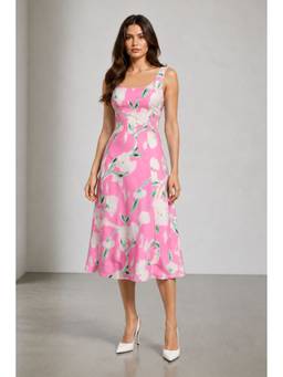 Virgio - Women'S Viscose Floral Flared Pink Midi Dress