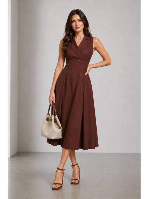 Buy Virgio Women'S Cotton Solid A-Line Brown Midi Dress (XS) Online