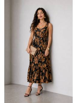 Virgio - Women'S Cotton Printed Flared Brown Maxi Dress