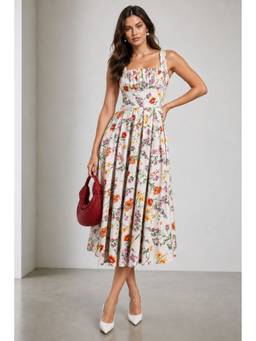 Virgio - Women Cotton Floral A-Line White Midi Dress