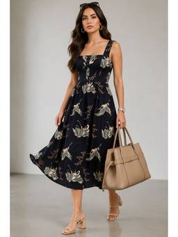 Virgio - Women Cotton Printed A-Line Navy Blue Midi Dress