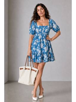 Virgio - Women'S Cotton Floral A-Line Blue Mini Dress
