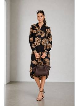 Virgio - Women'S Cotton Printed Shirt Black Midi Dress