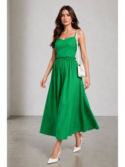 Virgio - Women'S Cotton Solid Flared Green Maxi Dress