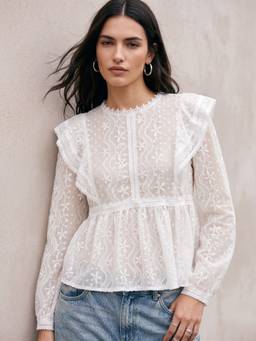 Outzidr - White High Neck Schiffli Ruffles Details Blouse Top
