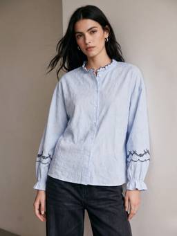Outzidr - Blue Textured Floral High Neck Button Down Top