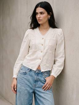 Outzidr - Off White V Neck Buttoned Down Textured Top