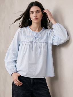 Outzidr - Light Blue Wide Neck Relaxed Tie Up Details Blouson Top