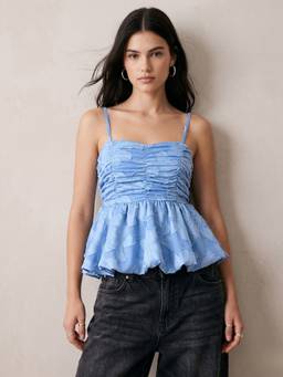 Outzidr - Blue Textured Jacquard Centre Ruched Camisole Style Top