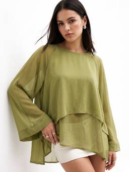 Outzidr - Olive Tiered Flowy Blouse Top