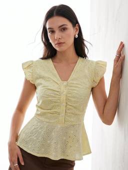 Outzidr - Yellow Regular Fit Schiffli Peplum Ruffled Sleeves Top