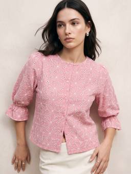 Outzidr - Pink Regular Fit Schiffli Blouse Top