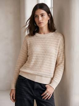 Outzidr - Beige Full Sleeve Textured Knit Relaxed Top
