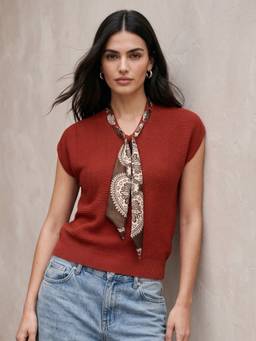 Outzidr - Red Extended Sleeve Cinched Waist Satin Tie Up Insert Top