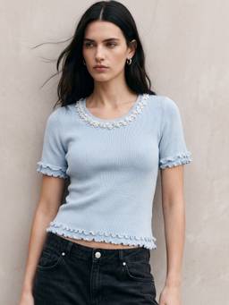 Outzidr - Blue Round Neck Pearl Studs And Ruffled Hem Top