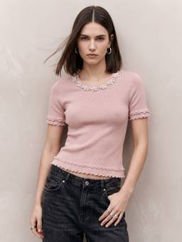 Outzidr - Pink Round Neck Pearl Studs And Ruffled Hem Top