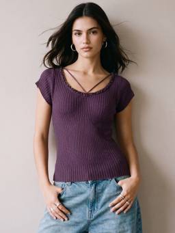 Outzidr - Purple V Neck Embellished Top