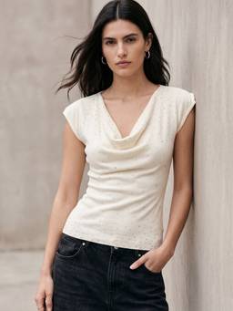 Outzidr - Cream Cowl Neck Studded Top