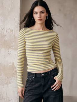 Outzidr - Yellow Boat Neck Striped Fitted Top