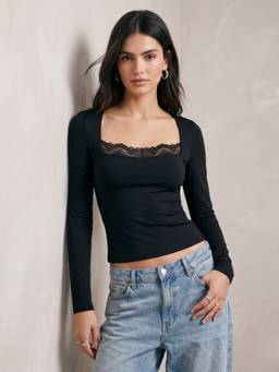 Outzidr - Black Square Neck Fitted Lace Inserts Top